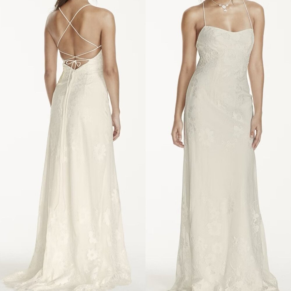 Galina‎ Ivory Lace Wedding Dress KP3766 Bridal Gown Spaghetti Strap Boho Sz 4